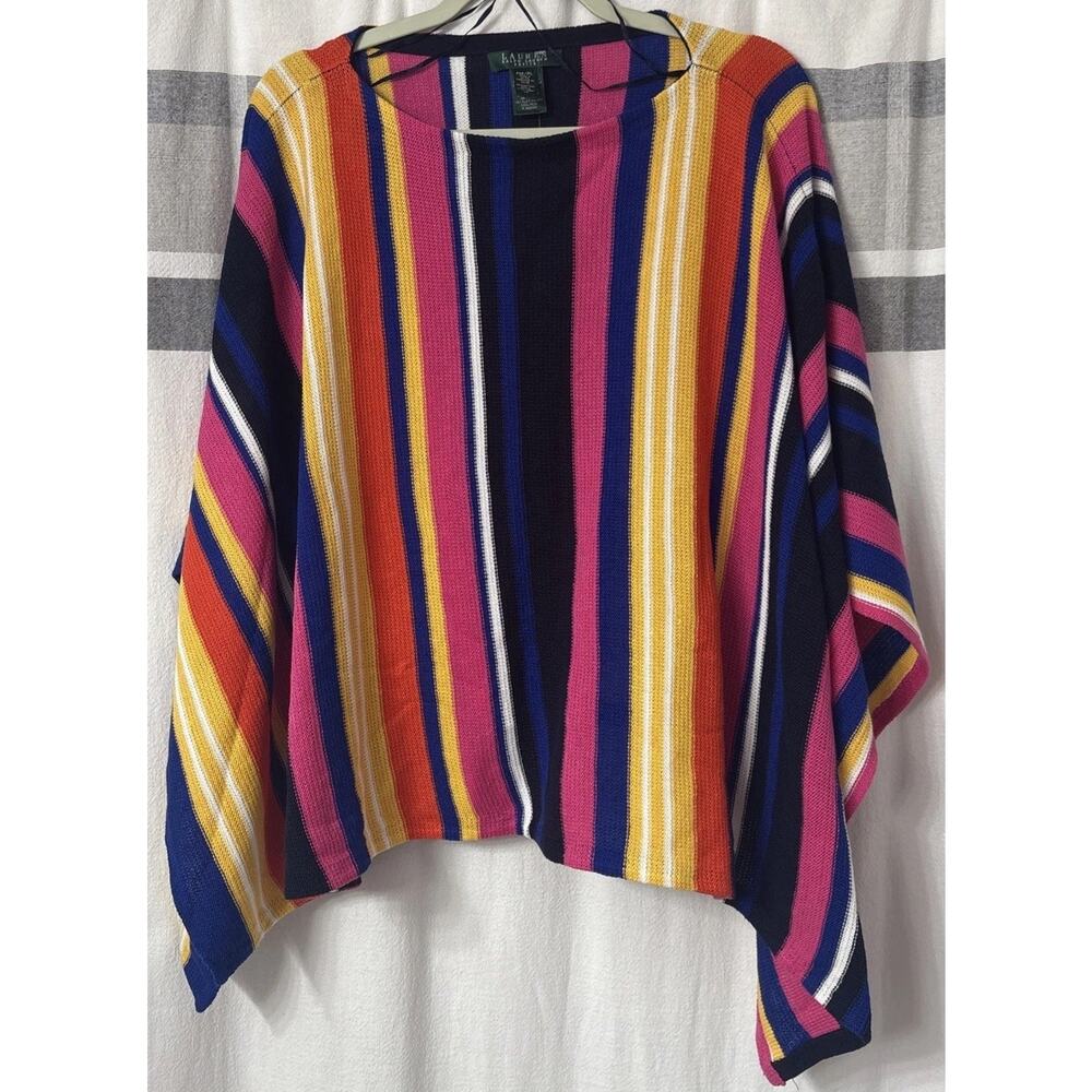 EUC Lauren Ralph Lauren Petite Medium/Large Blanket Poncho Linen Blend Striped